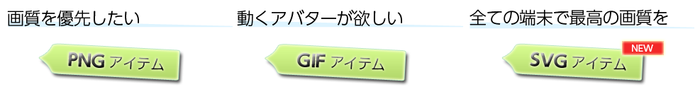 画質を優先したい、動くアバターが欲しい、全ての端末で最高の画質を実現したいと言ったニーズに合わせてアイテムフォーマットをPNG／GIF／SVGに選択